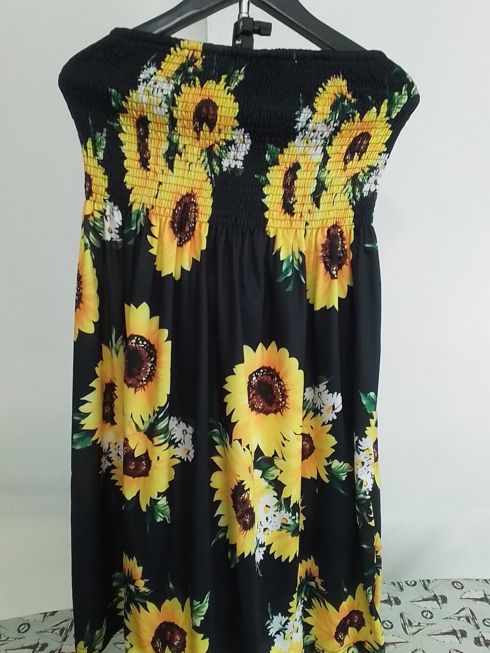 Sunflower Print Smocked Tube Dress - Black & Yellow